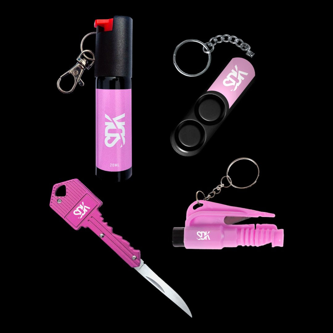Pink Ladies Self Defense Set - Stun Gun Pepper Spray Spring Assisted Pocket  Knife And Knuckle Keychain Tool